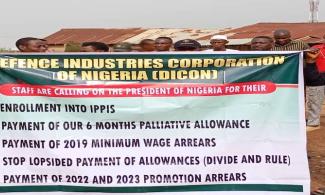 Workers At Nigerian Defence Corporation, DICON Protest Against Non-Payment Of Allowances, Salary Arrears, Others 
