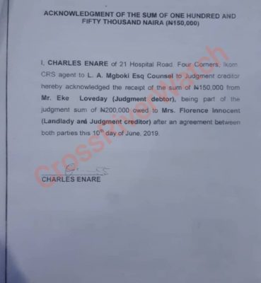 Confirmation of receipt of N150,000 from Mr. Loveday Eke.