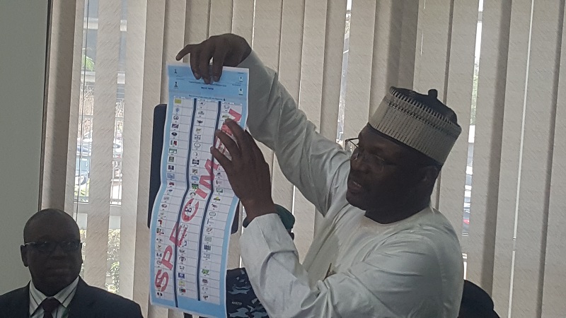 Professor Mahmoud Yakubu, the INEC chairman, displaying the ballot paper specimen to political parties.