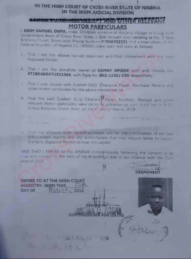  Evidence that the Toyota Camry that was sold doesn’t belong to Loveday, judgment debtor but Edim Samuel Okpa.