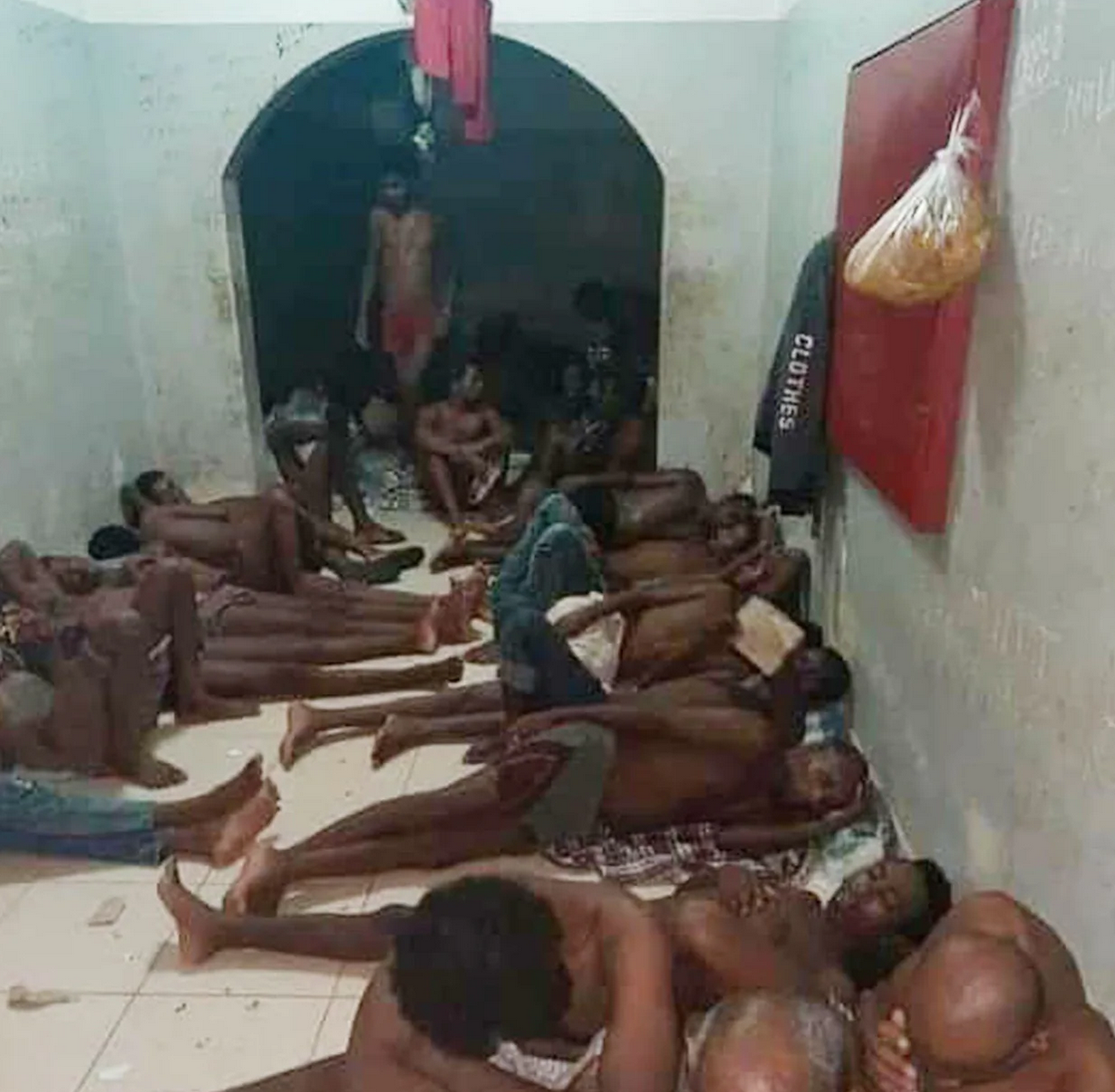 Dozens of emaciated men crippled by the Arabian heat inside one of Saudi Arabia&#039;s detention centres
