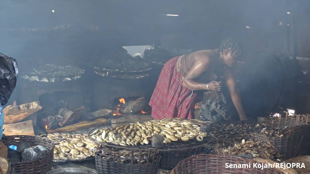 Teju's mother, Mrs Azankpo processes the fish for sale.