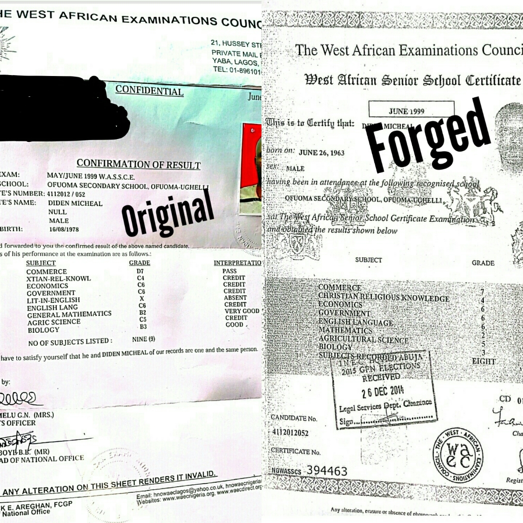 EXCLUSIVE: Exam Body, WAEC Says Date Of Birth Has Been Altered On Senior School Certificate Of Delta South PDP Senatorial Candidate, Diden