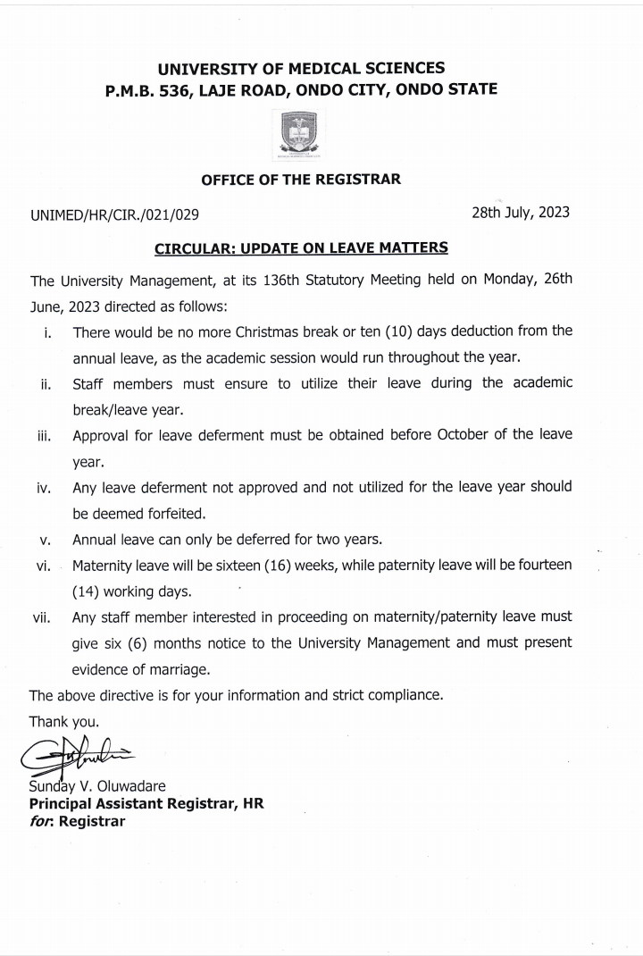Nigerian College Of Medical Sciences, Ondo Bans Christmas Vacation, Releases Stringent Maternity Policy As Workers Kick