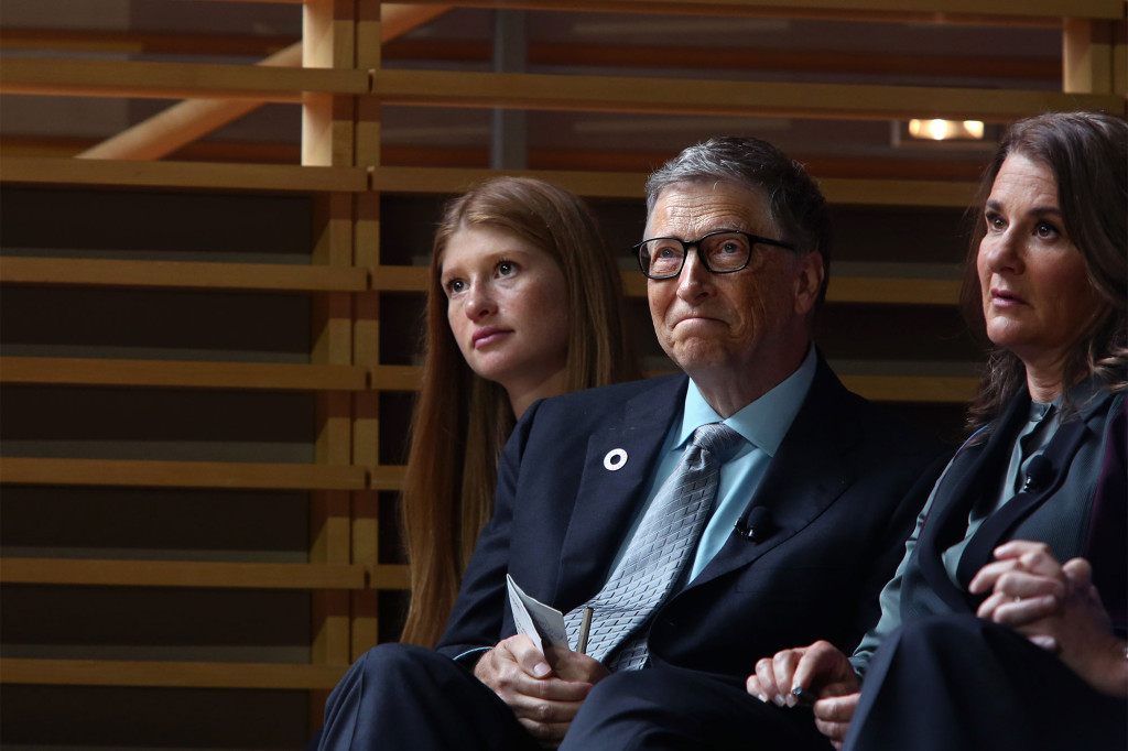 Jennifer Gates and her parents, Bill and Melinda Gates, listen to former President Barack Obama speak at the Gates Foundation Inaugural Goalkeepers event on September 20, 2017.