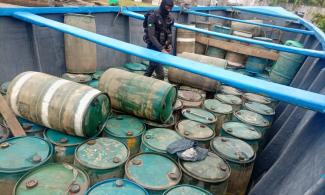 Nigerian Navy Intercepts Boat Used For Oil Bunkering In Lagos, Recovers 205 Drums Of Petrol, Others