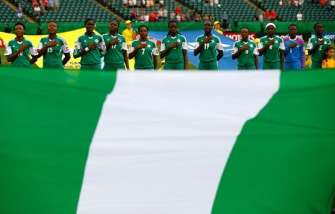 Nigerian players stand together prior to the FIFA U20 Women's World Cup