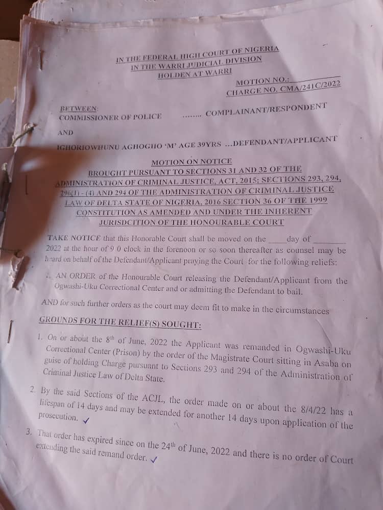 [GIST] Court Hears Bail Application For Delta Take-It-Back Coordinator, Aghogho, Illegally Detained, Refuses State Government’s Moves To Take Over Case