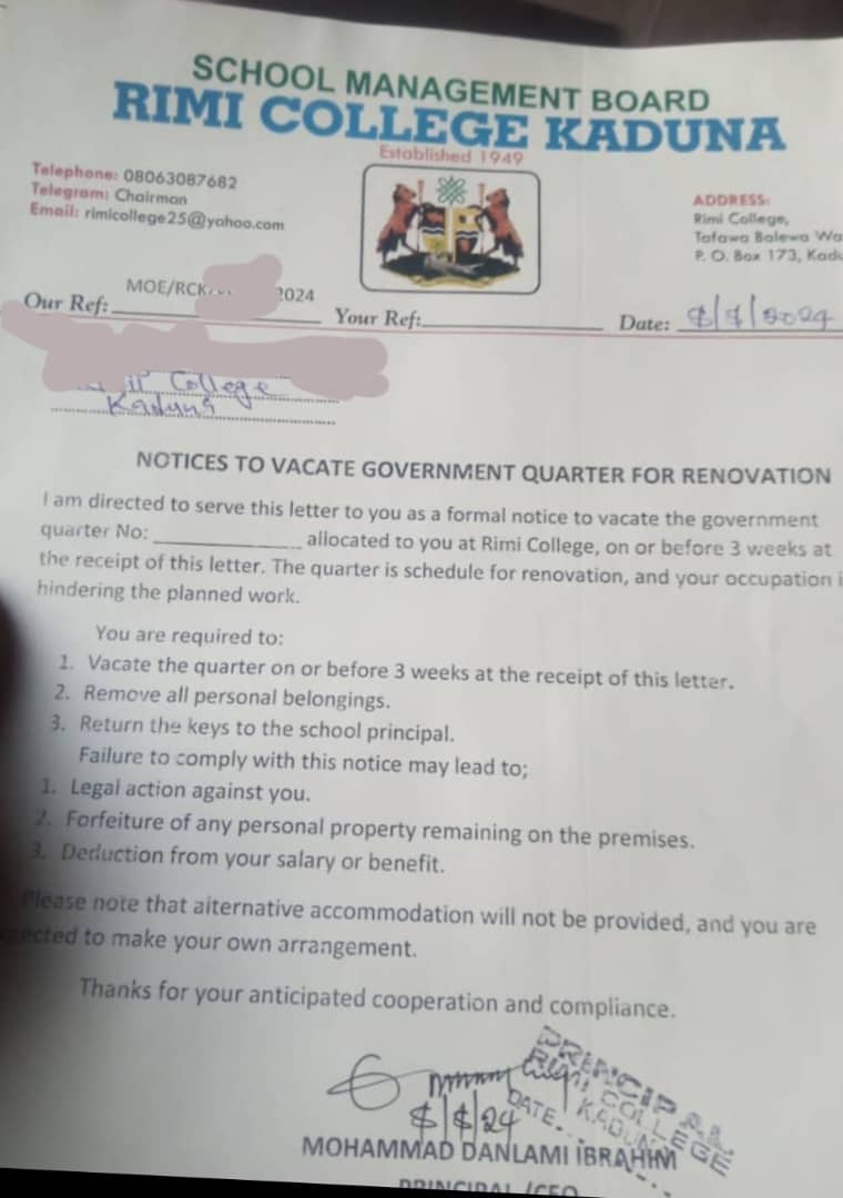 BREAKING: Kaduna Serves Eviction Notice To Rimi College Teachers Living In Govt Quarters Amid Economic Hardship