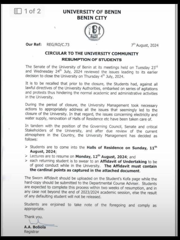 BREAKING: University Of Benin Compels Students To Sign Undertaking Not To Engage In Protest, Others; Vows To Withhold Results Of Defaulters