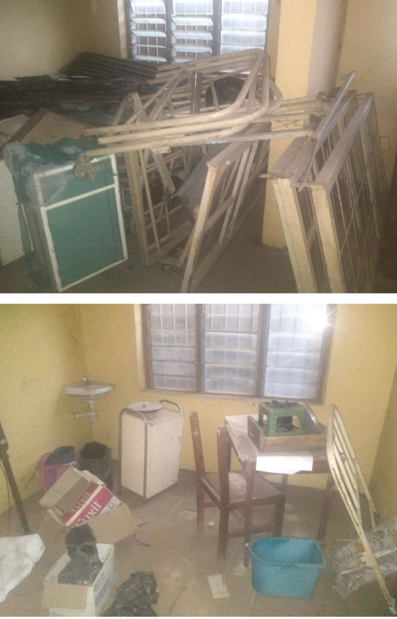 Damaged hospital beds and other medical equipment at Model Primary Health Centre, Nkpologwu