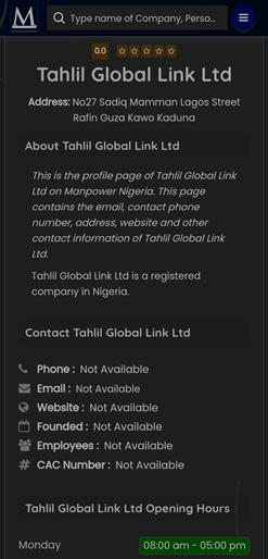 Screenshot displaying Tahalil Global Link LTD status on Manpower.com.ng, after unsuccessful trace on CAC and NigeriaCheck.ng.