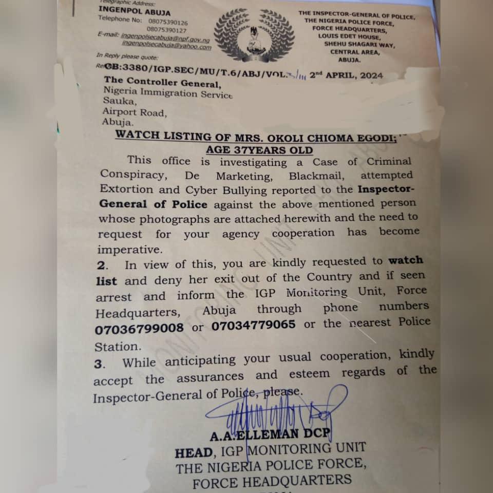 Erisco Product Review: Lawyer Inibehe Writes Nigeria Immigration To Ignore Police Request To Place Chioma Okoli On Watchlist, Says Request Malicious, Unconstitutional