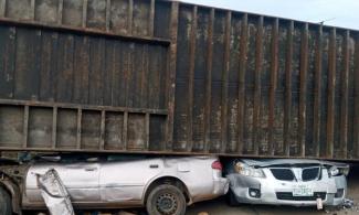 Nigerian Agency, FRSC To Prosecute Driver After Container Falls on Cars, Miraculously Sparing 8 Schoolchildren In Kogi