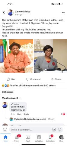 Top South African Lawmaker, Zanele Sifuba Accuses Nigerian Governor, Douye Diri Of Leaking Her Sex Tape, Describes Him As Her Lover 