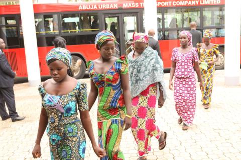 The escaped Chibok girls arrive at the meeting with President Jonathan