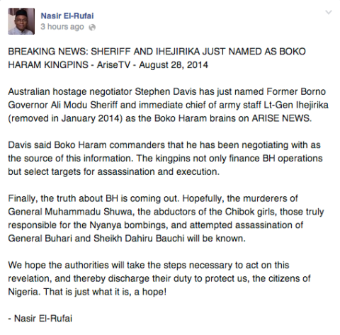 El-Rufai's statement, posted to his Facebook account earlier today
